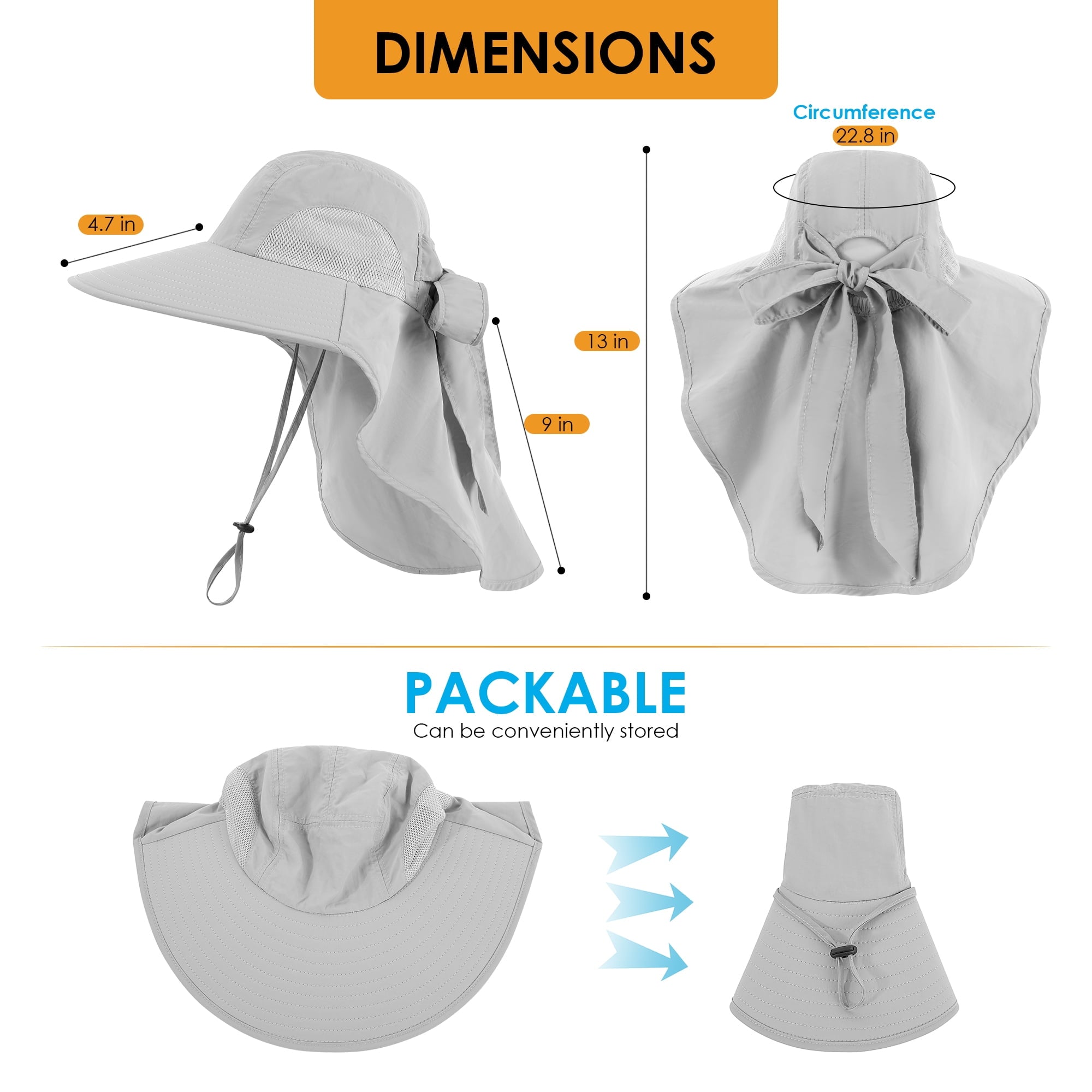 REDESS Outdoor Sun Hats for Women,Nylon UPF Protection Fishing Bucket Hat with Neck Flap,Grey