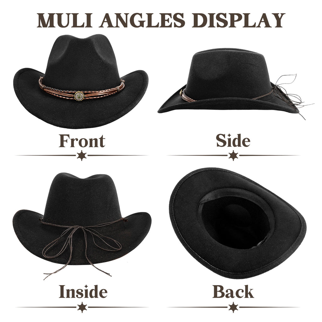 WoWstyle Cowboy Hat for Adult Men Women Cowgirl Hat with Adjustable Leather Hat Band Western Cattleman Cow Boy Rodeo Outfit(Black)