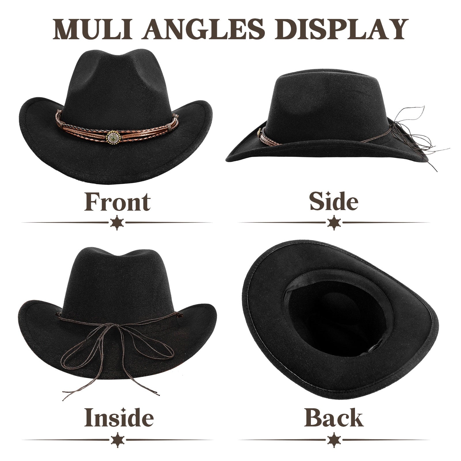 WoWstyle Cowboy Hat for Adult Men Women Cowgirl Hat with Adjustable Leather Hat Band Western Cattleman Cow Boy Rodeo Outfit(Black)