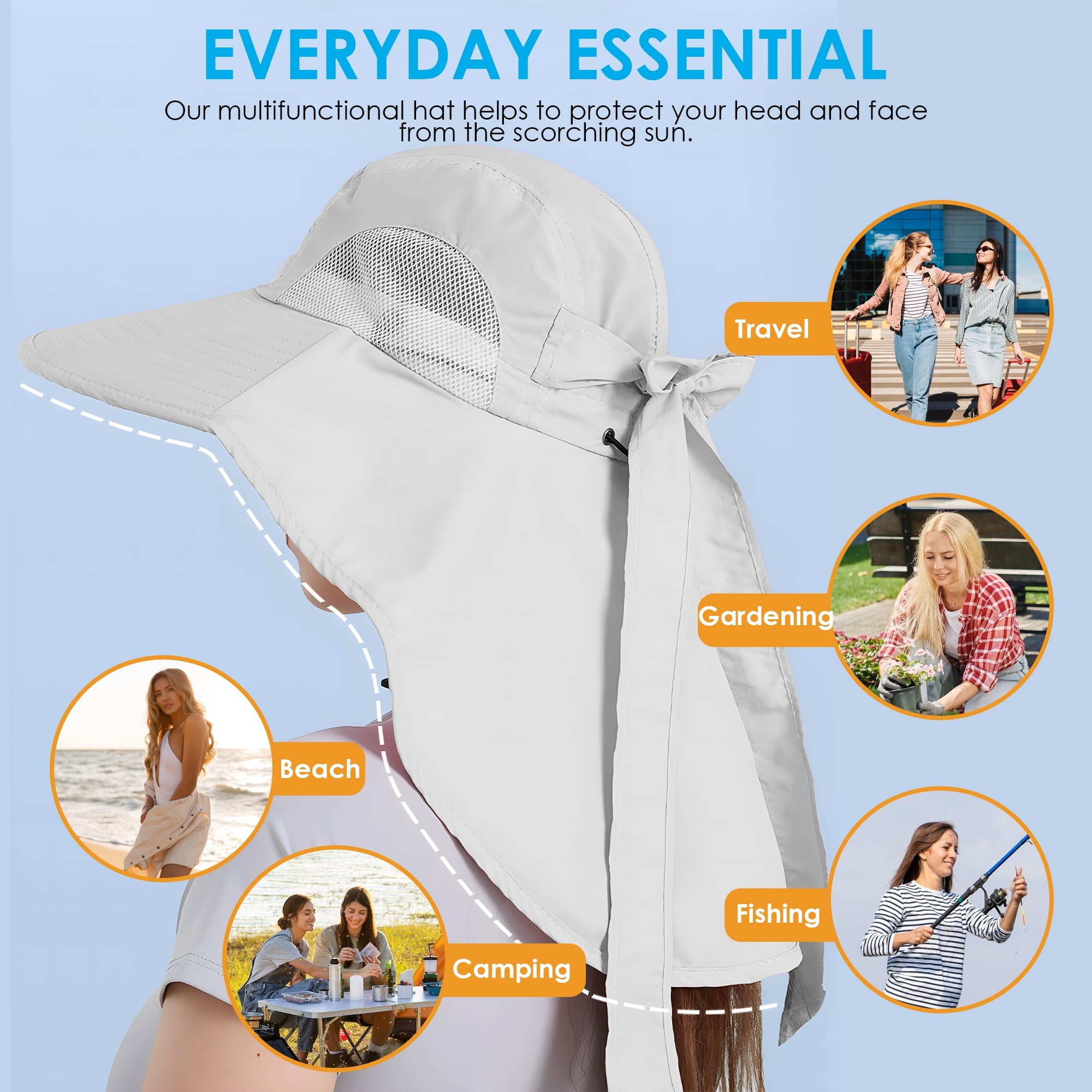 REDESS Outdoor Sun Hats for Women,Nylon UPF Protection Fishing Bucket Hat with Neck Flap,Grey