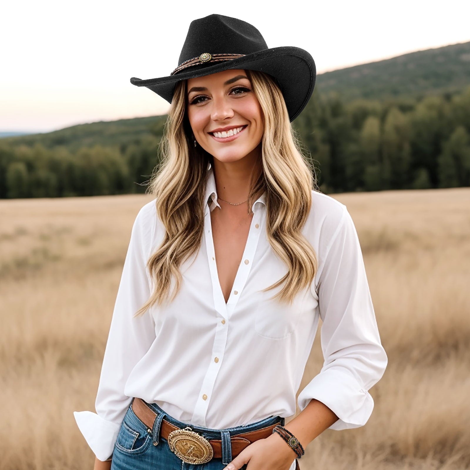 WoWstyle Cowboy Hat for Adult Men Women Cowgirl Hat with Adjustable Leather Hat Band Western Cattleman Cow Boy Rodeo Outfit(Black)