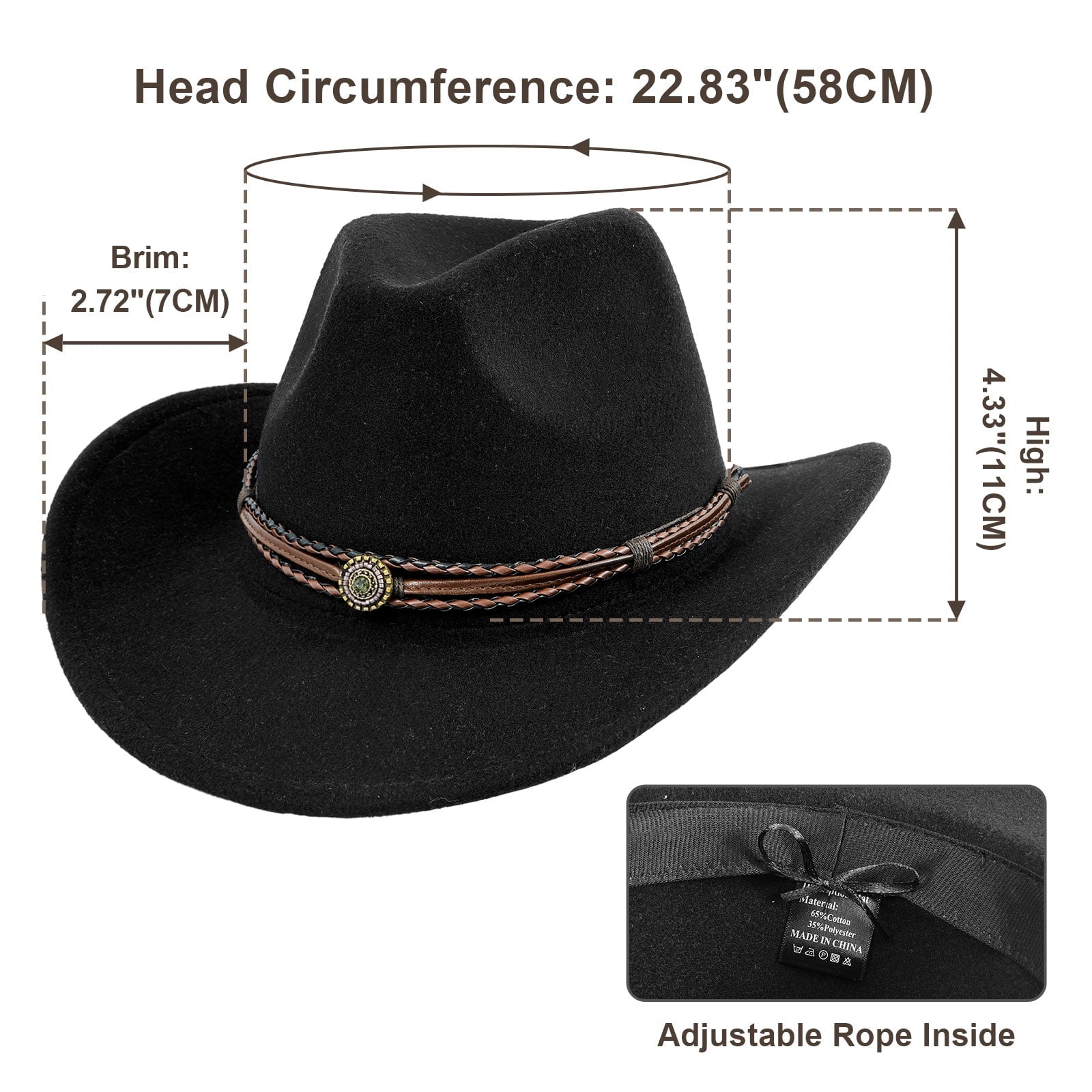 WoWstyle Cowboy Hat for Adult Men Women Cowgirl Hat with Adjustable Leather Hat Band Western Cattleman Cow Boy Rodeo Outfit(Black)
