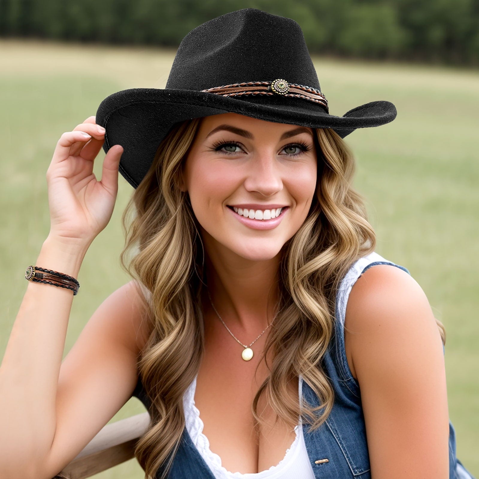 WoWstyle Cowboy Hat for Adult Men Women Cowgirl Hat with Adjustable Leather Hat Band Western Cattleman Cow Boy Rodeo Outfit(Black)