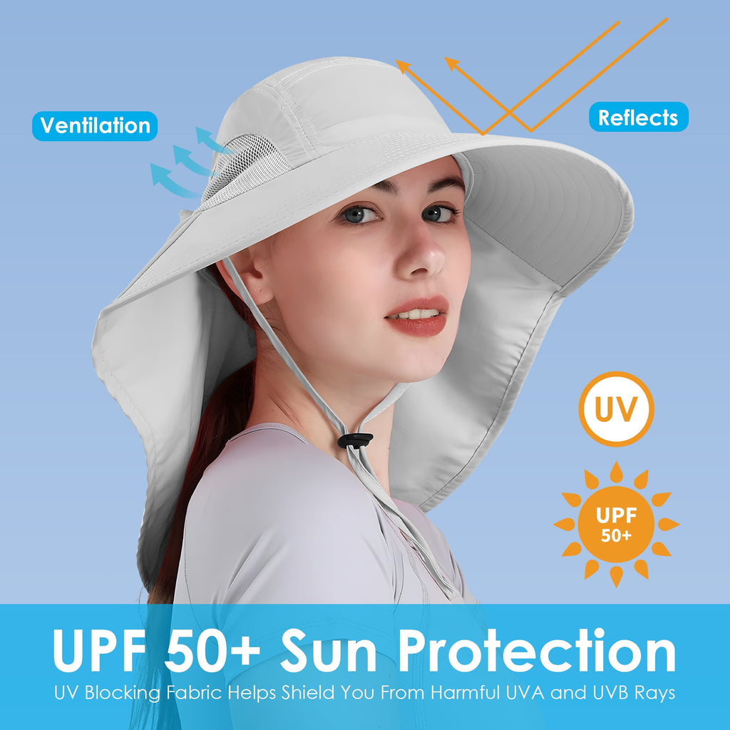 REDESS Outdoor Sun Hats for Women,Nylon UPF Protection Fishing Bucket Hat with Neck Flap,Grey