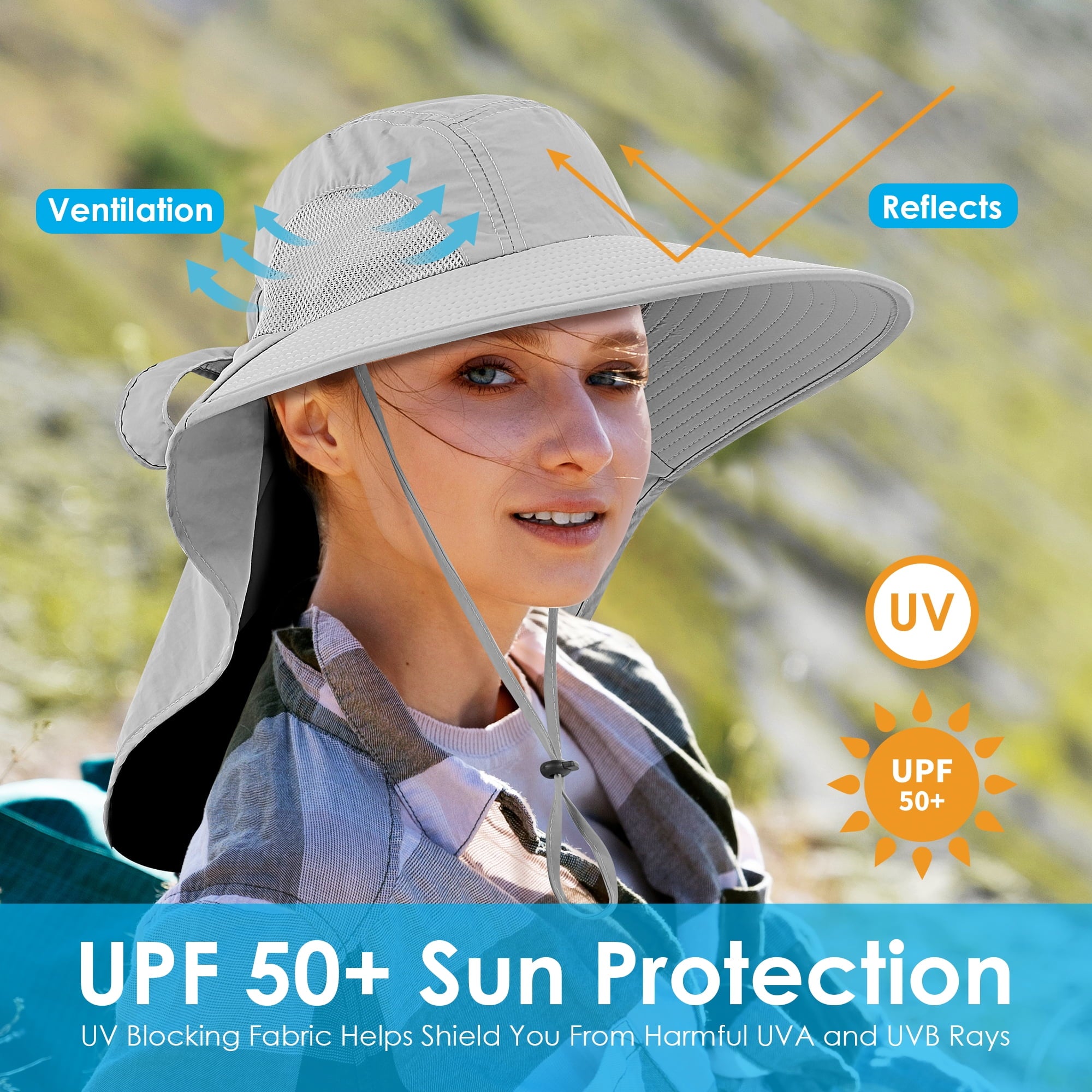 REDESS Outdoor Sun Hats for Women,Nylon UPF Protection Fishing Bucket Hat with Neck Flap,Grey