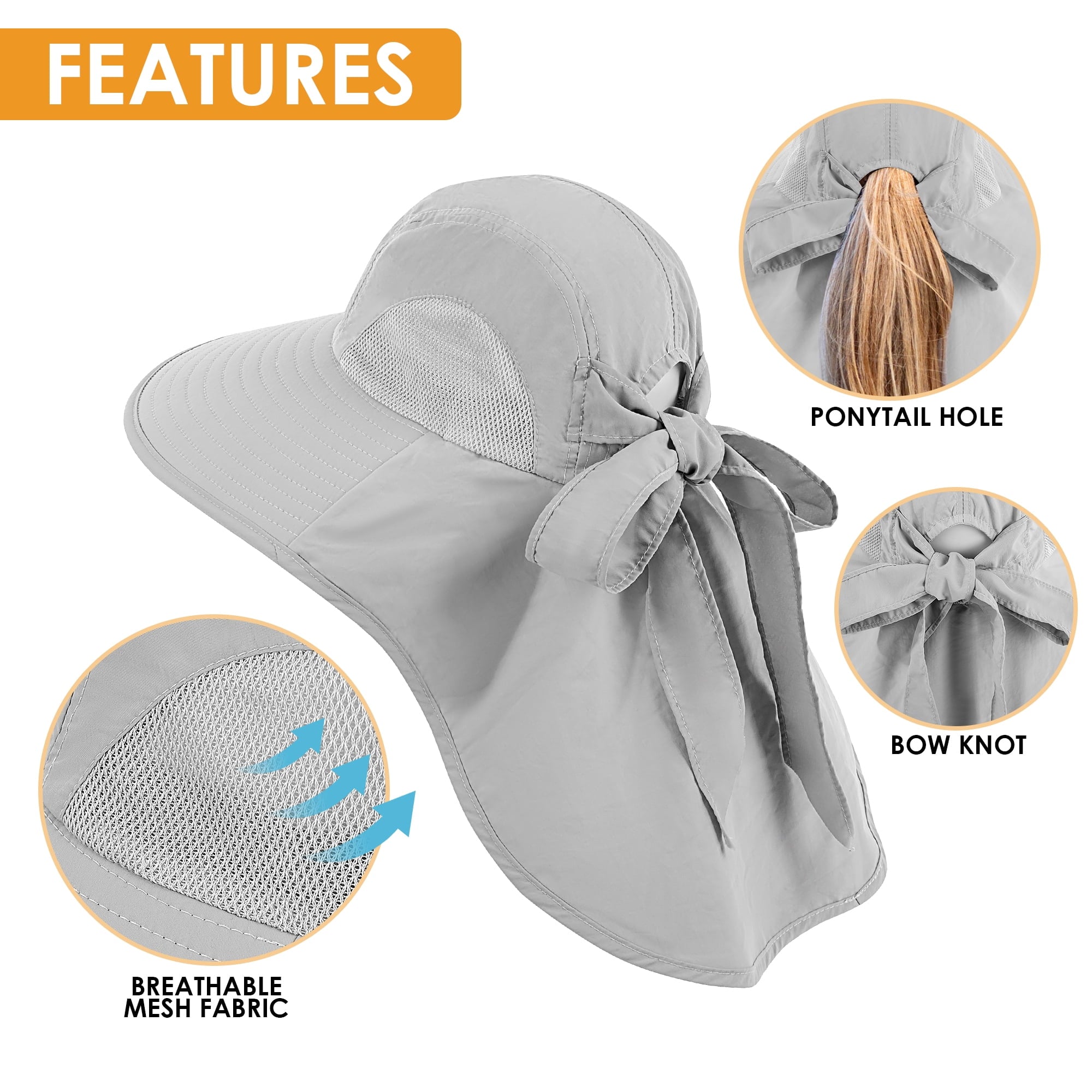 REDESS Outdoor Sun Hats for Women,Nylon UPF Protection Fishing Bucket Hat with Neck Flap,Grey