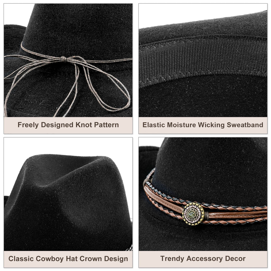 WoWstyle Cowboy Hat for Adult Men Women Cowgirl Hat with Adjustable Leather Hat Band Western Cattleman Cow Boy Rodeo Outfit(Black)
